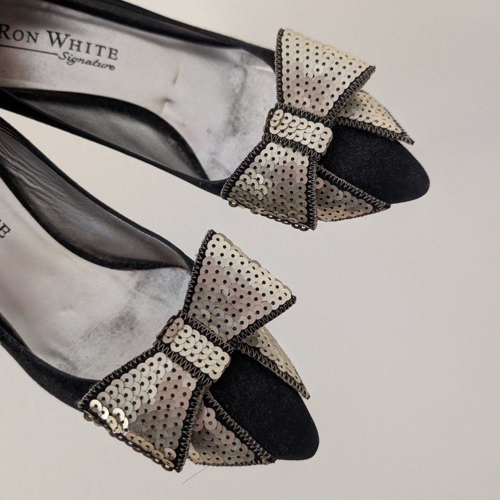 Ron White Black Velvet Heels With Sequin Bows